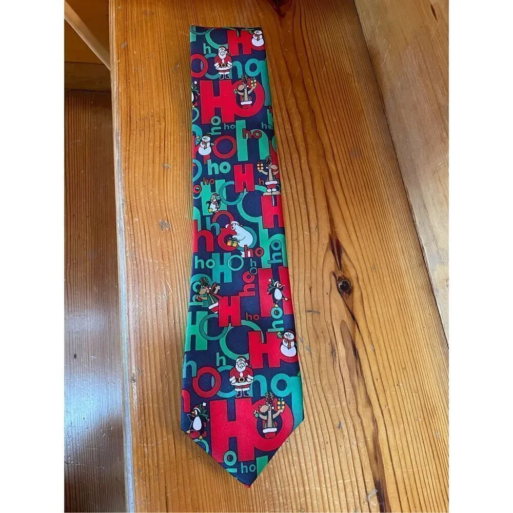 Christmas Ho Ho Ho Cartoon Tie Polar Bear Penguin Reindeer Santa Claus Red Green